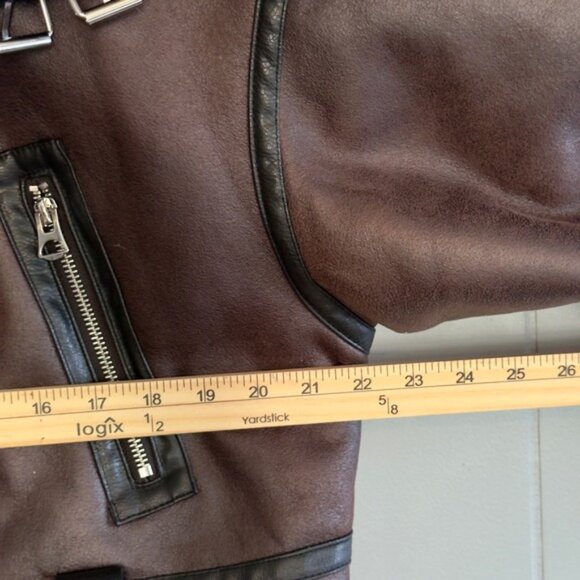 Cropped aviator shearling moto jacket brown faux leather Coat Zara Sz M NO BELT - Picture 5 of 10